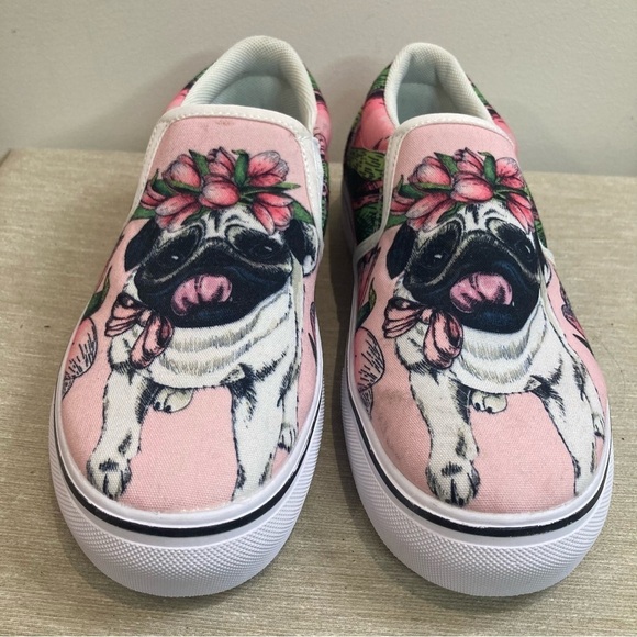 GROOVE BAGS Sz 5 Slip On Chunky Sole Pug Dog Design Slip On Flats Loafers - Picture 2 of 12